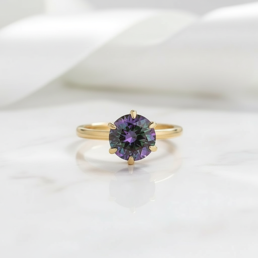 Unique Round Cut Alexandrite Yellow Gold Engagement Ring-Evani Jewelry