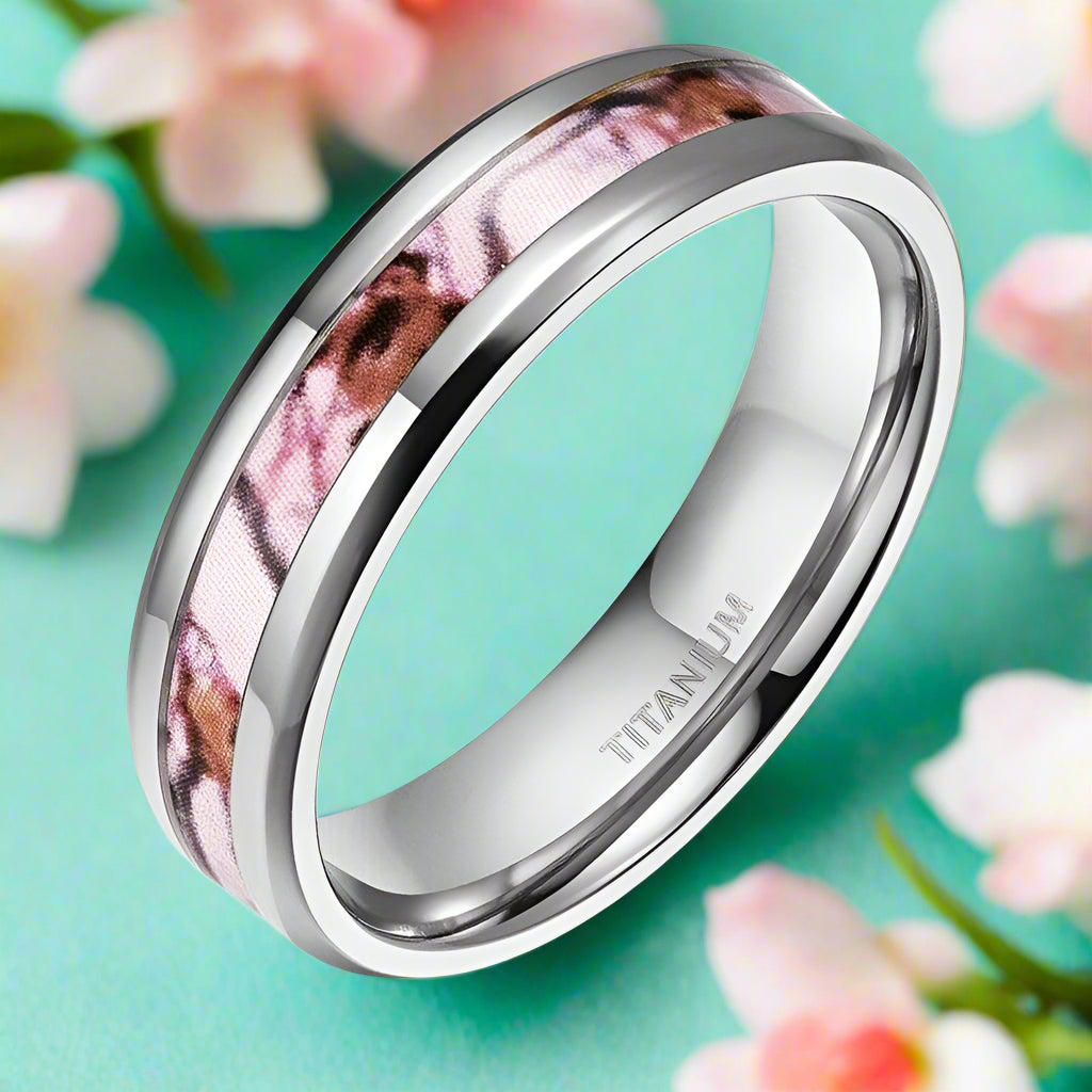 Unisex Beveled Edge Titanium Wedding Band with Forest Scenery-Evani Naomi Jewelry