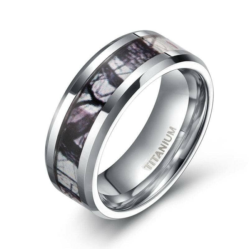 Unisex Beveled Edge Titanium Wedding Band with Forest Scenery-Evani Naomi Jewelry