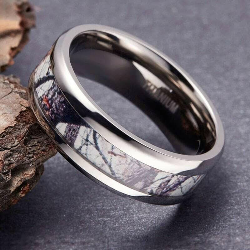 Unisex Beveled Edge Titanium Wedding Band with Forest Scenery-Evani Naomi Jewelry