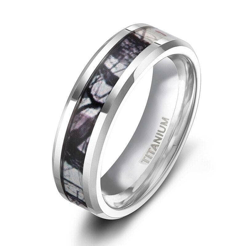 Unisex Beveled Edge Titanium Wedding Band with Forest Scenery-Evani Jewelry
