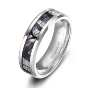 Unisex Beveled Edge Titanium Wedding Band with Forest Scenery-Evani Naomi Jewelry