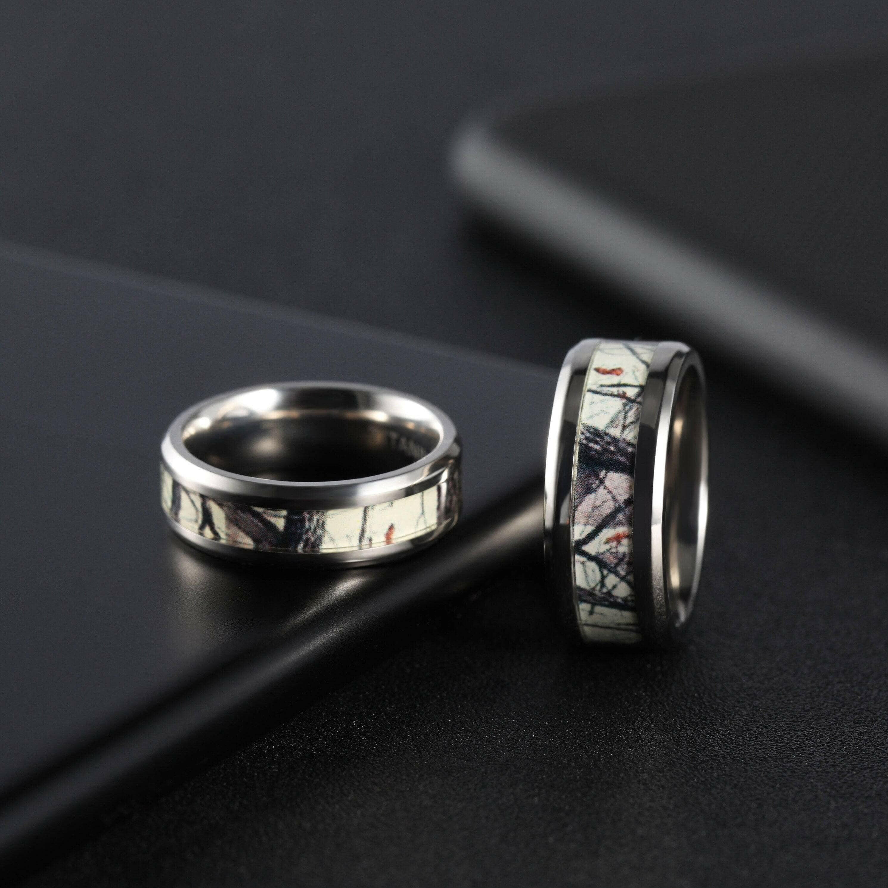Unisex Beveled Edge Titanium Wedding Band with Forest Scenery-Evani Jewelry