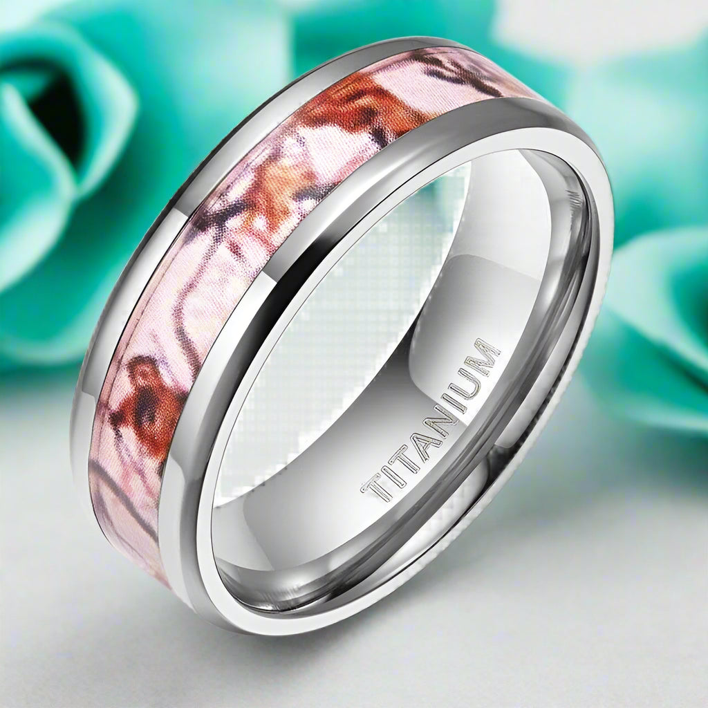 Unisex Beveled Edge Titanium Wedding Band with Forest Scenery-Evani Naomi Jewelry