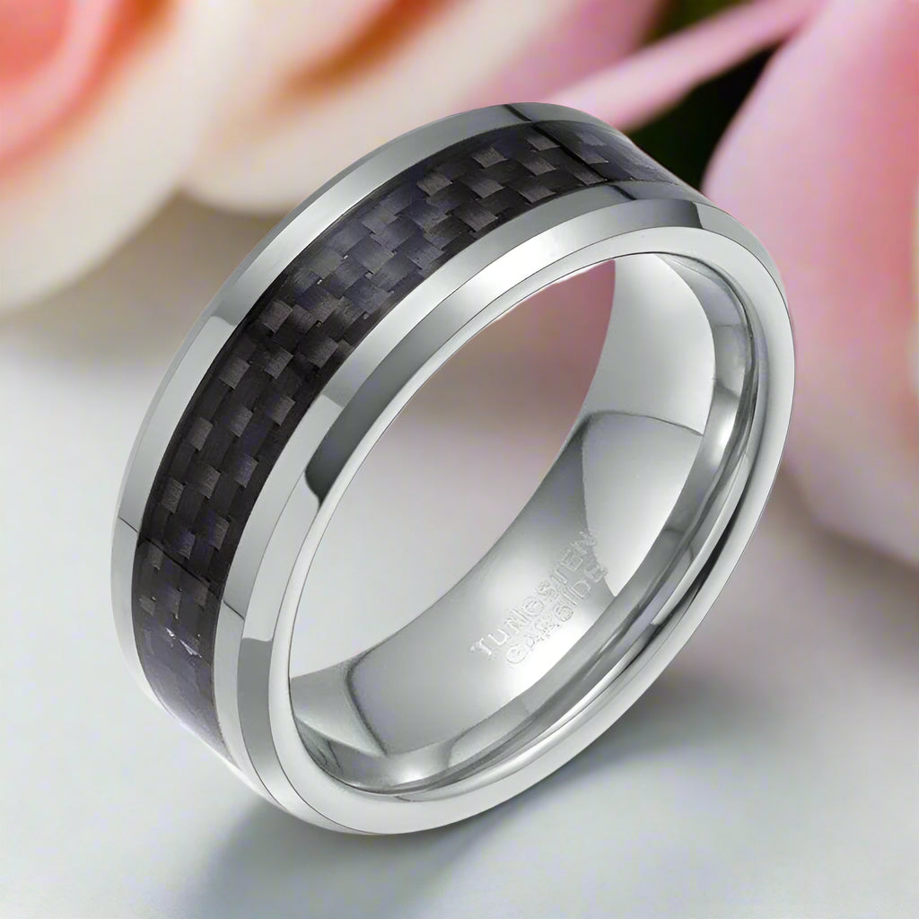 Unisex Beveled Edge Tungsten Wedding Band with Black Carbon Fiber-Evani Jewelry