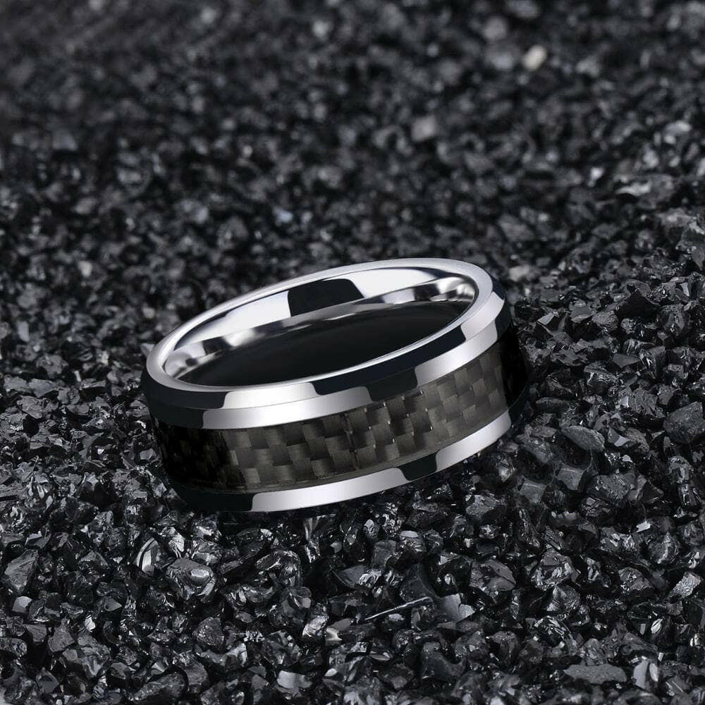Unisex Beveled Edge Tungsten Wedding Band with Black Carbon Fiber-Evani Naomi Jewelry