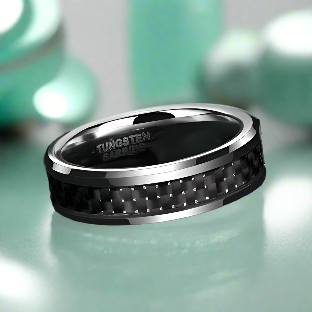 Unisex Beveled Edge Tungsten Wedding Band with Black Carbon Fiber-Evani Naomi Jewelry