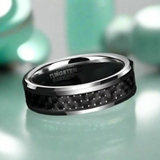 Unisex Beveled Edge Tungsten Wedding Band with Black Carbon Fiber-Evani Naomi Jewelry