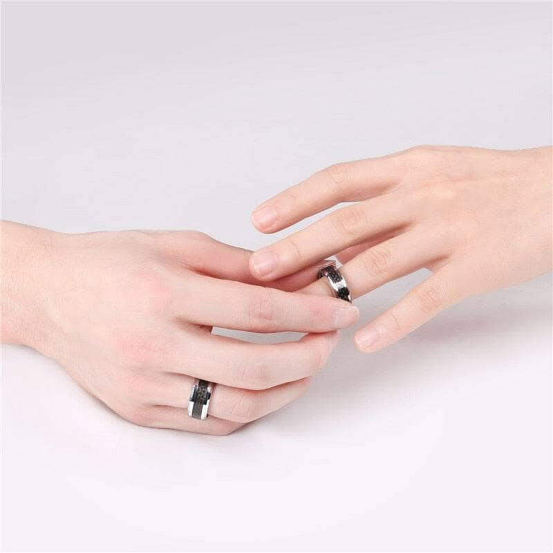 Unisex Beveled Edge Tungsten Wedding Band with Black Carbon Fiber-Evani Naomi Jewelry