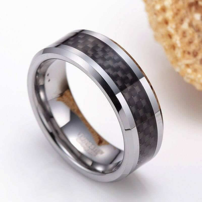 Unisex Beveled Edge Tungsten Wedding Band with Black Carbon Fiber-Evani Naomi Jewelry