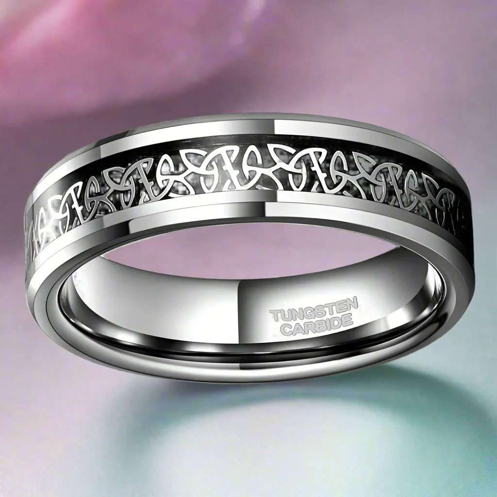Unisex Beveled Edge Tungsten with Celtic Knot Wedding Band-Evani Naomi Jewelry