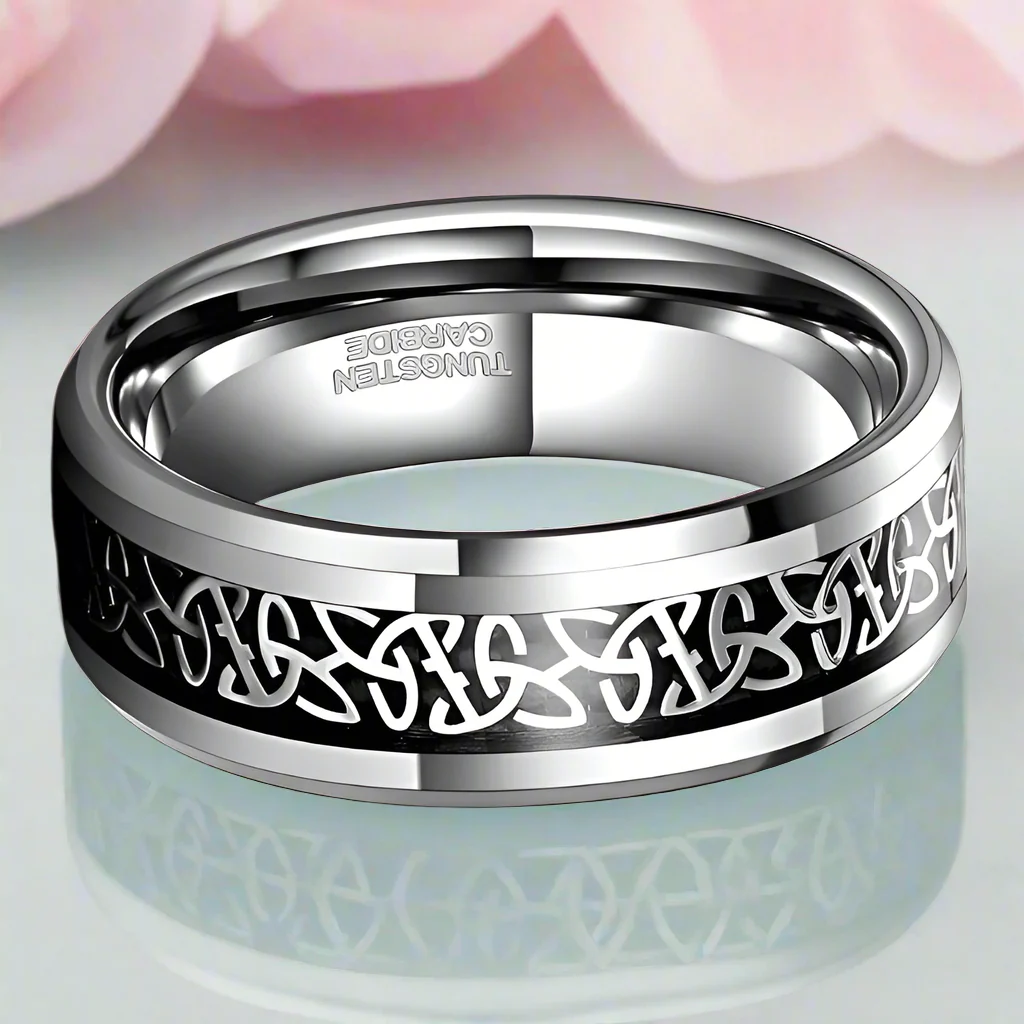 Unisex Beveled Edge Tungsten with Celtic Knot Wedding Band-Evani Naomi Jewelry
