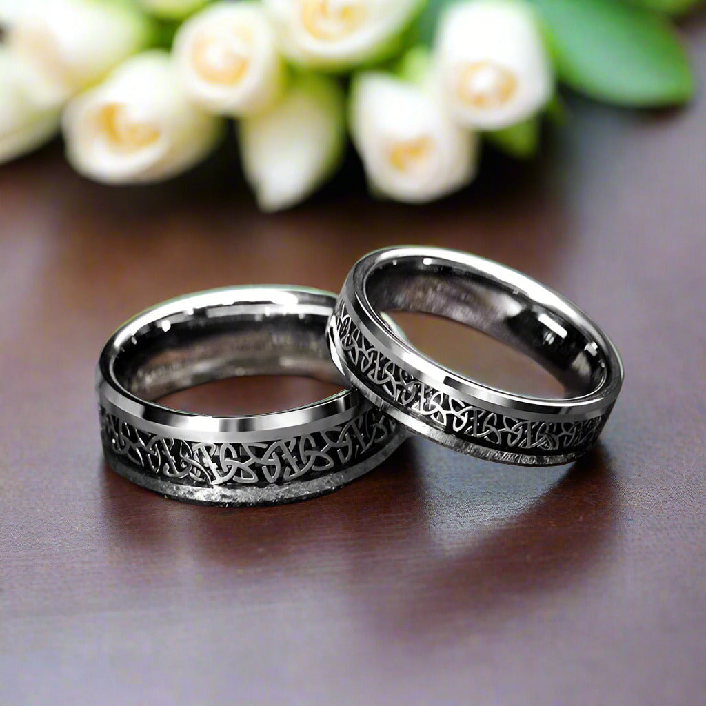 Unisex Beveled Edge Tungsten with Celtic Knot Wedding Band-Evani Naomi Jewelry