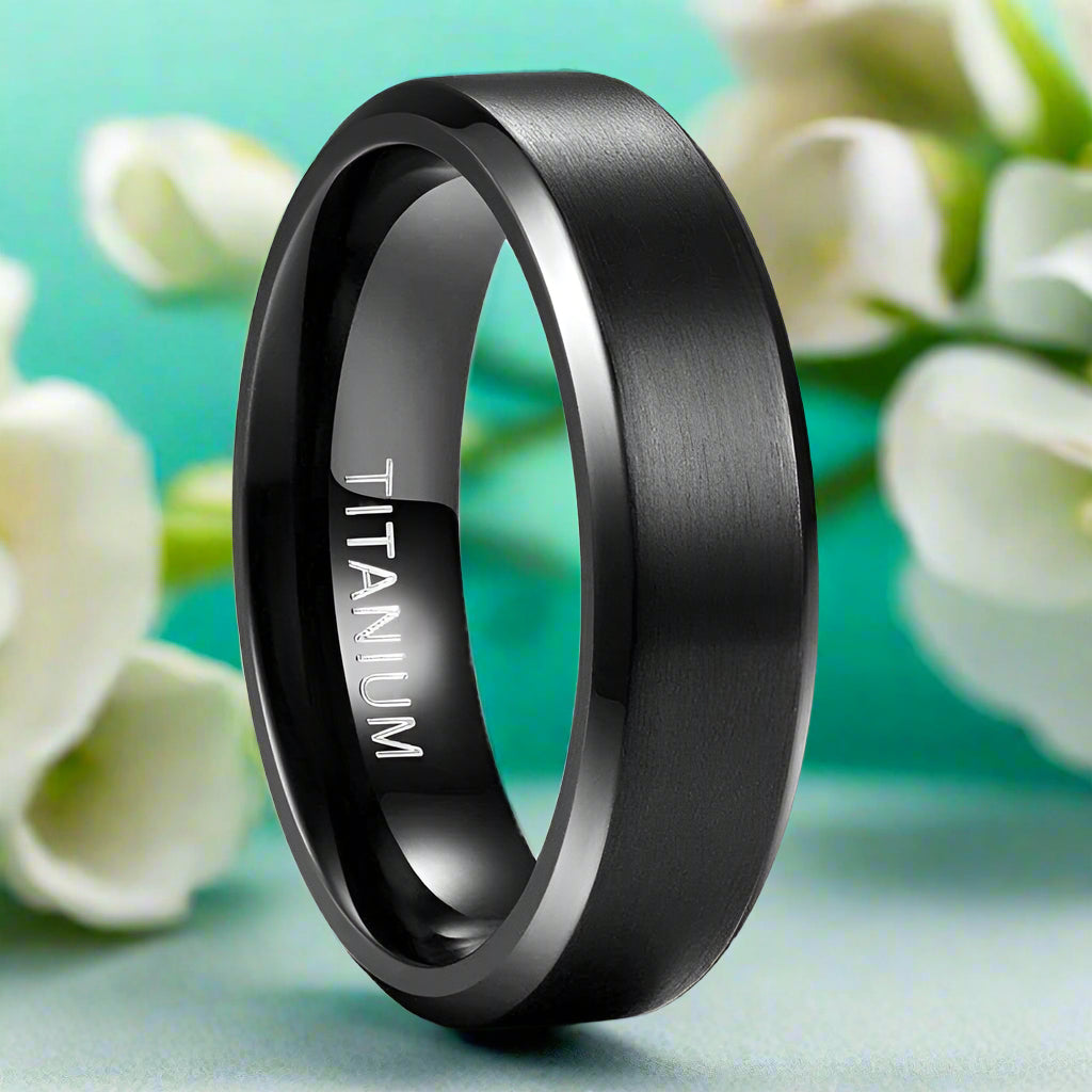 Unisex Beveled Matte Black Titanium Wedding Band-Evani Naomi Jewelry