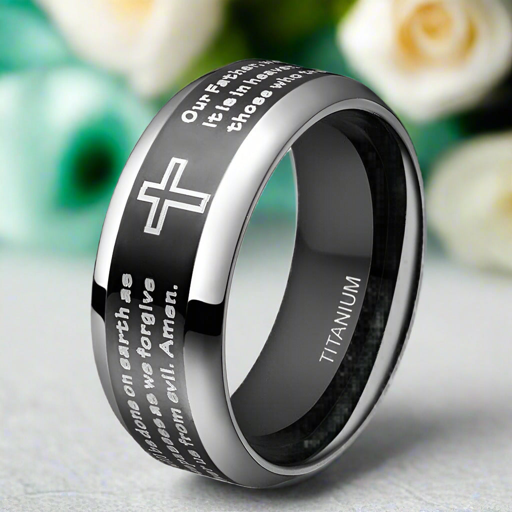 Unisex Black Titanium Wedding Band with Bible Verse-Evani Jewelry