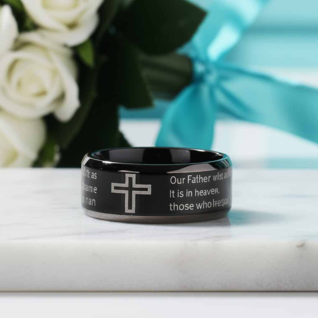 Unisex Black Titanium Wedding Band with Bible Verse-Evani Jewelry