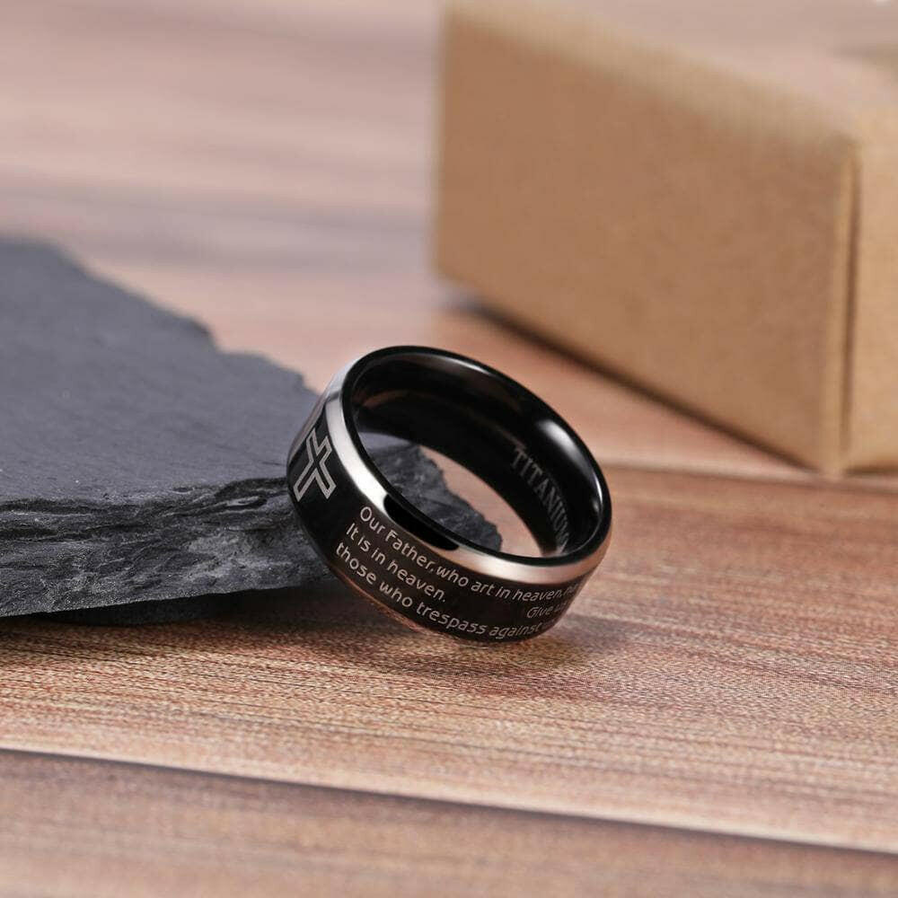 Unisex Black Titanium Wedding Band with Bible Verse-Evani Naomi Jewelry