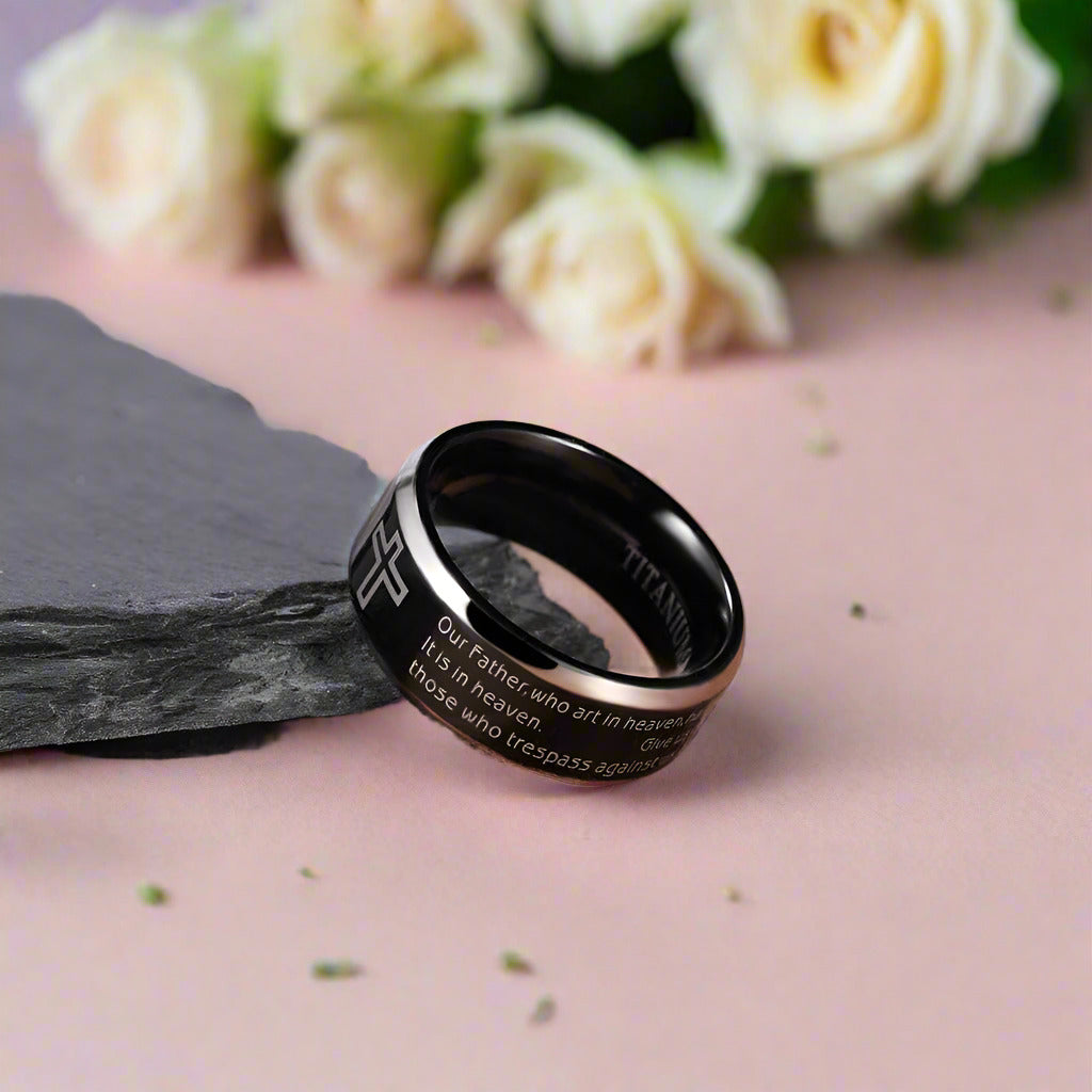 Unisex Black Titanium Wedding Band with Bible Verse-Evani Jewelry