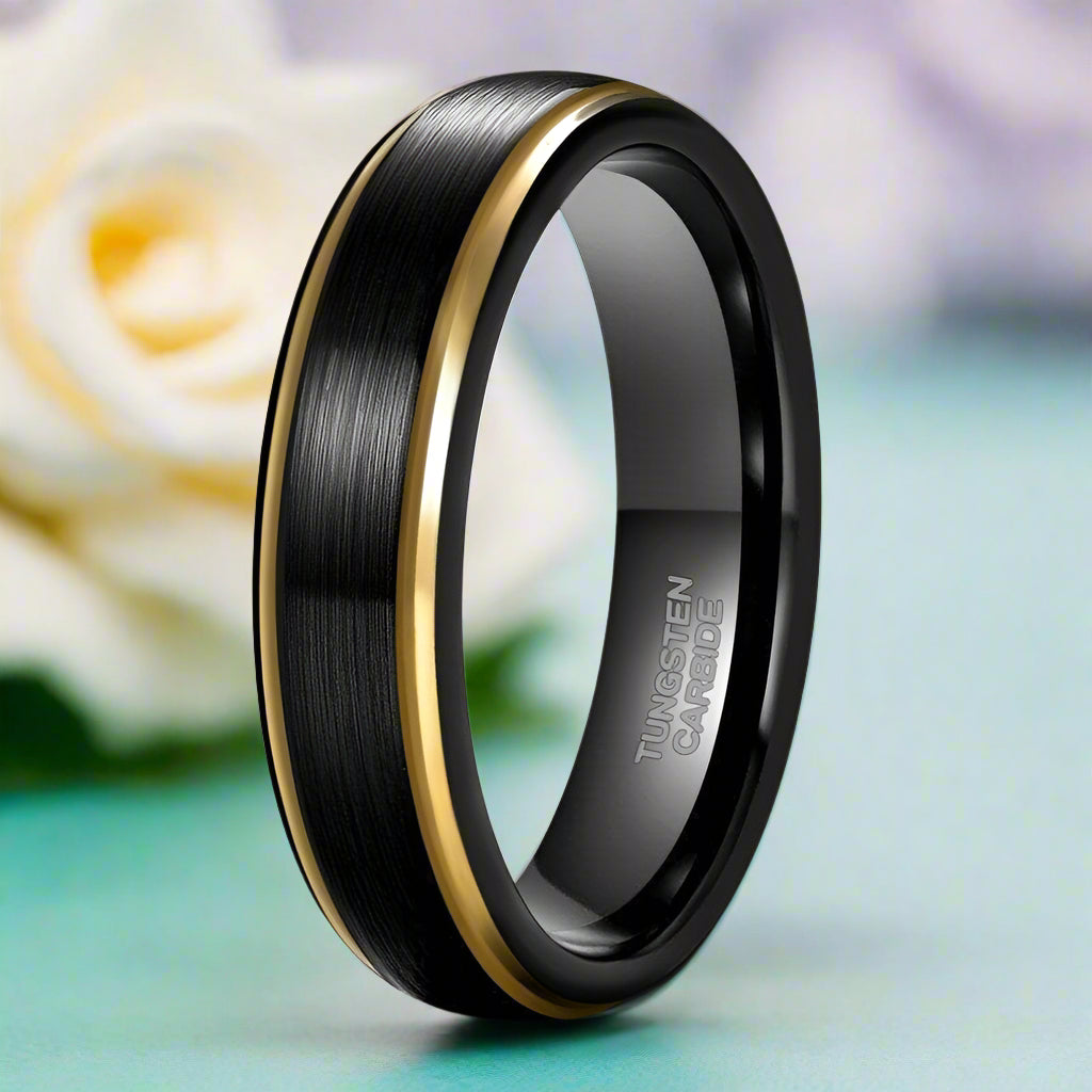 Unisex Black Tungsten Wedding Band with Gold Edges-Evani Naomi Jewelry
