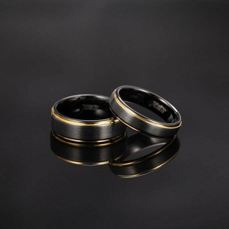 Unisex Black Tungsten Wedding Band with Gold Edges-Evani Naomi Jewelry