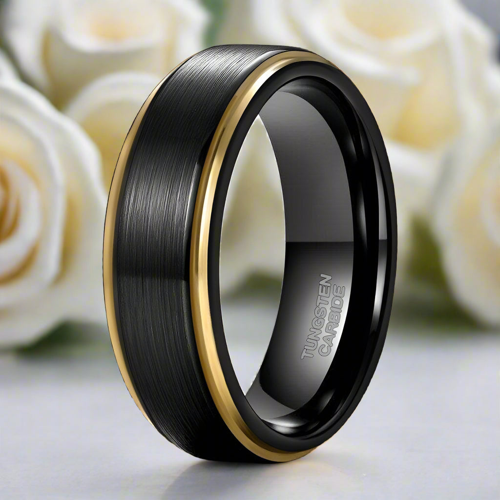 Unisex Black Tungsten Wedding Band with Gold Edges-Evani Naomi Jewelry
