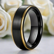 Unisex Black Tungsten Wedding Band with Gold Edges-Evani Naomi Jewelry