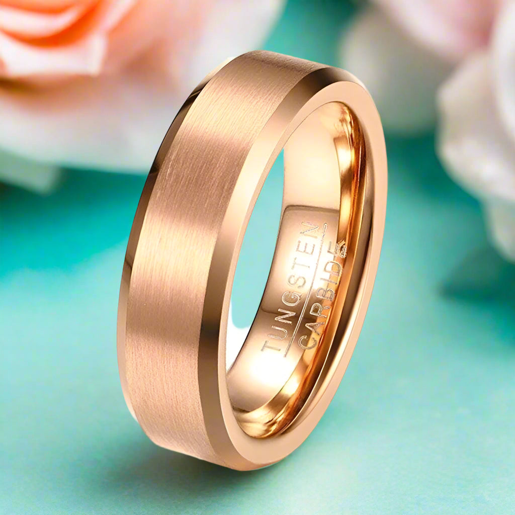 Unisex Brushed Rose Gold Tungsten Beveled Wedding Band-Evani Jewelry