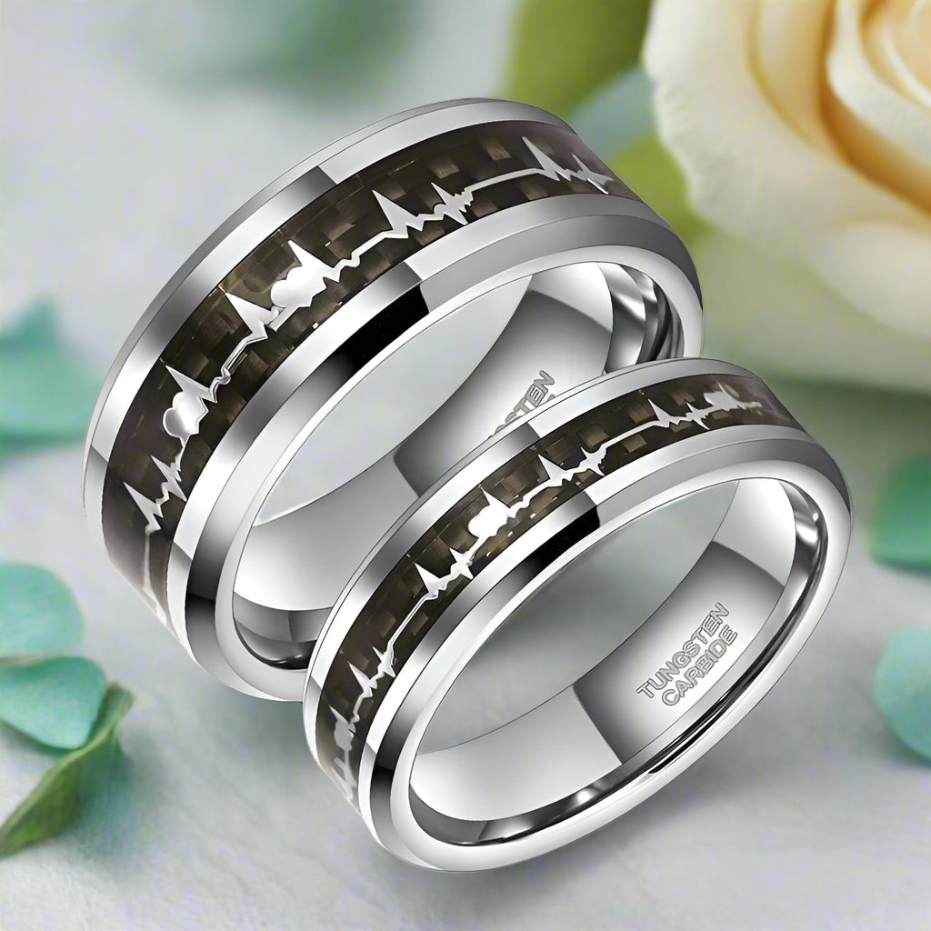Unisex Tungsten Wedding Band with Heart Beat Inlay-Evani Jewelry