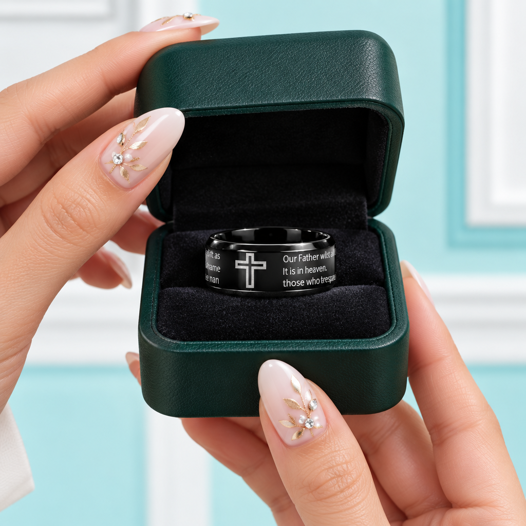 Unisex Black Titanium Wedding Band with Bible Verse - Evani Naomi Jewelry