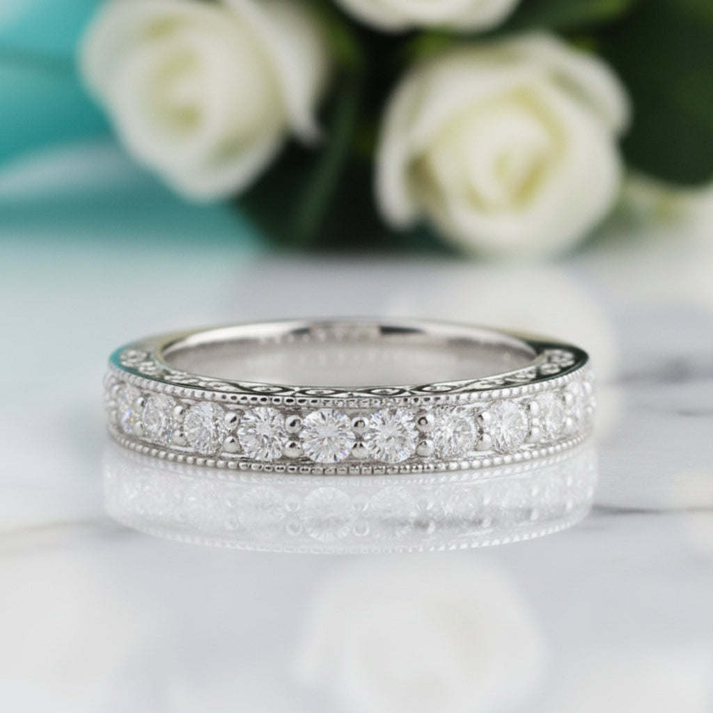 Vintage 14k White Gold Round Diamond Half Eternity Wedding Band-Evani Jewelry
