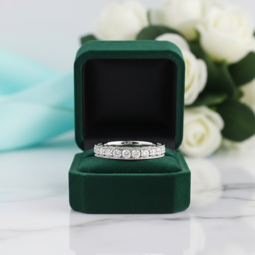 Vintage 14k White Gold Round Diamond Option Half Eternity Wedding Band - Evani Naomi Jewelry