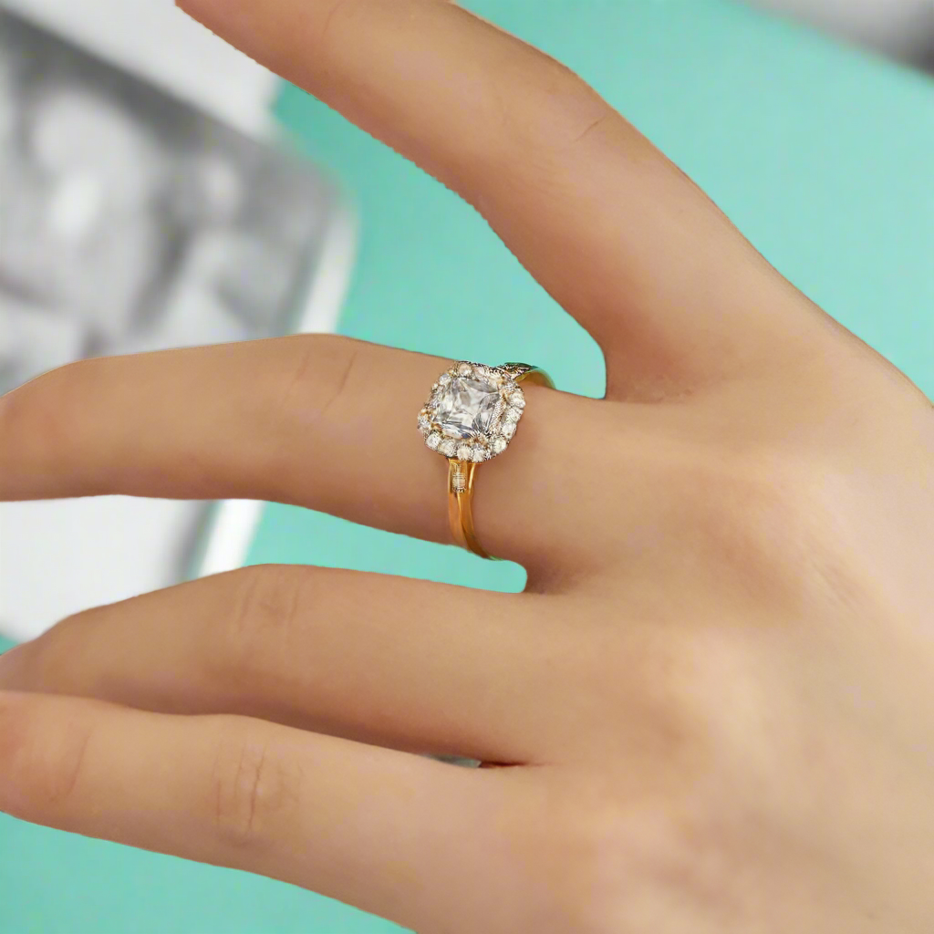 Vintage 18k Yellow Gold Diamond Halo Engagement Ring-Evani Jewelry