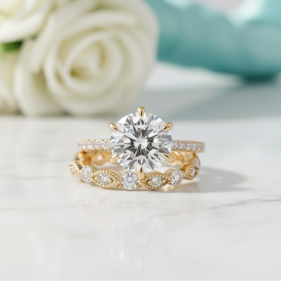 2.5ct Vintage Diamond 6 Prong Round Cut Yellow Gold Bridal Set-Evani Jewelry