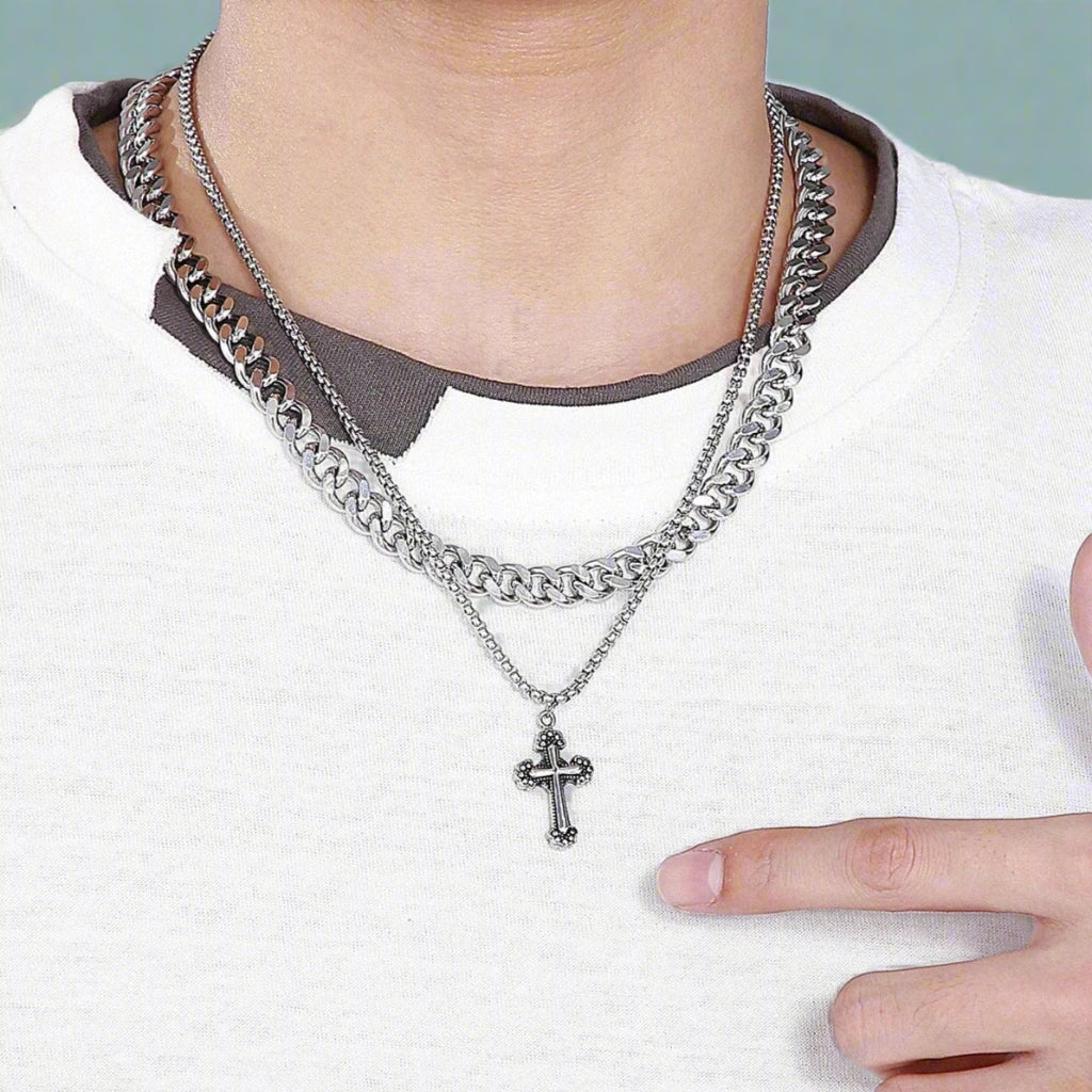 Vintage Cross Double Curb Cuban Chain Necklace-Evani Naomi Jewelry