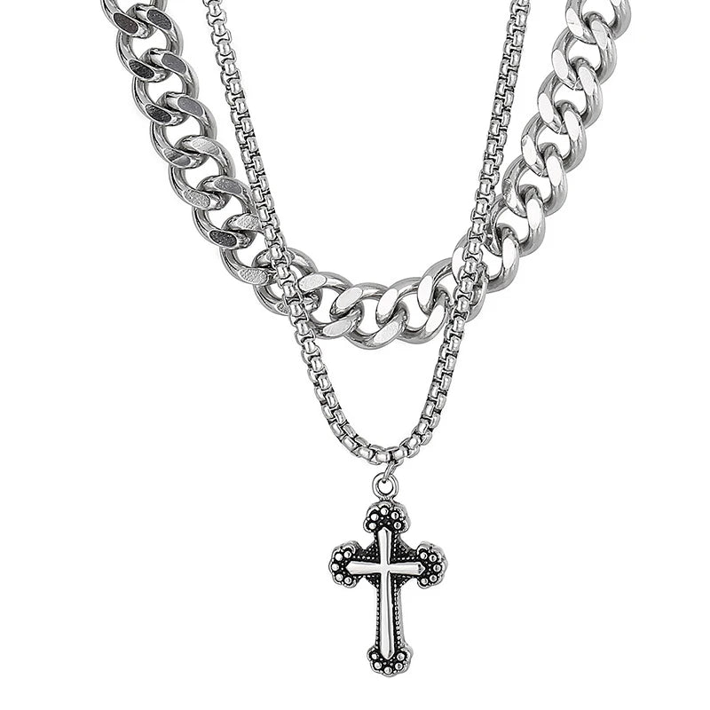 Vintage Cross Double Curb Cuban Chain Necklace-Evani Naomi Jewelry