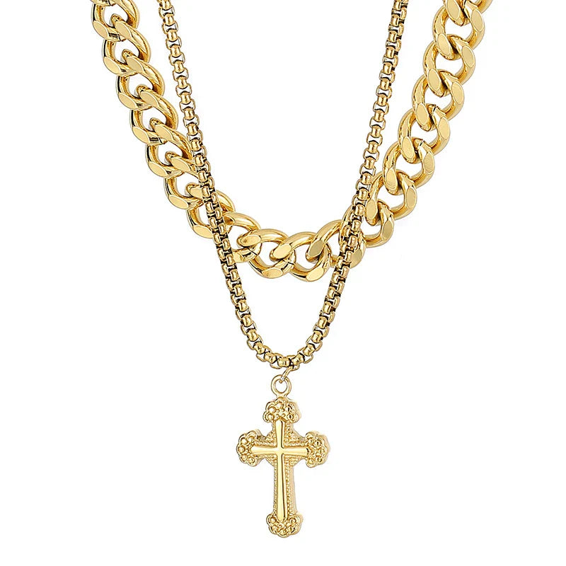 Vintage Cross Double Curb Cuban Chain Necklace-Evani Naomi Jewelry