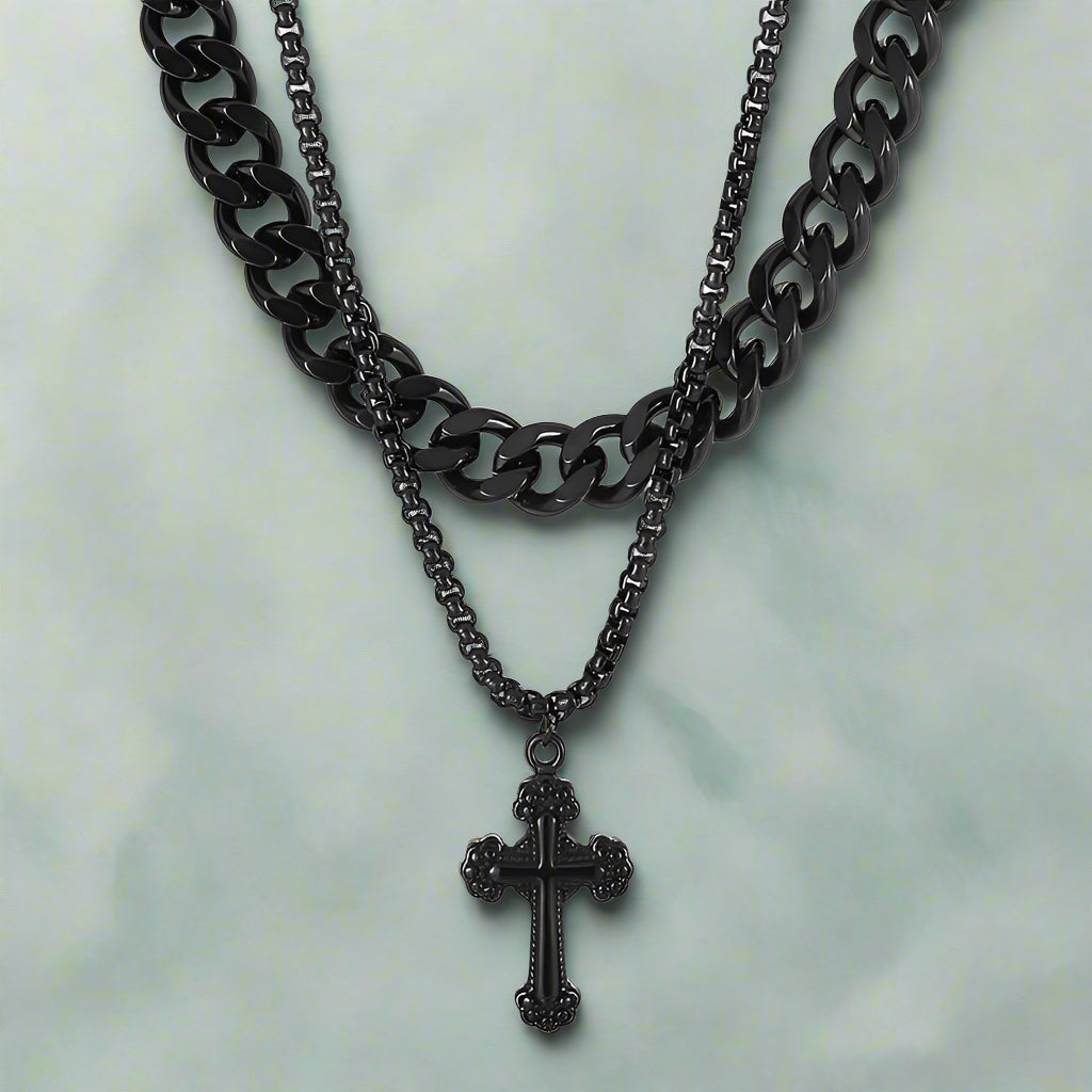 Vintage Cross Double Curb Cuban Chain Necklace-Evani Naomi Jewelry