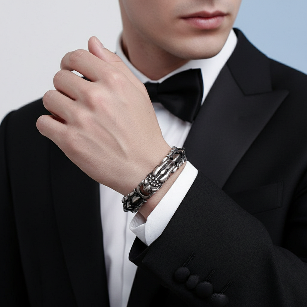 Man in a black tuxedo with a silver bracelet on his wrist.