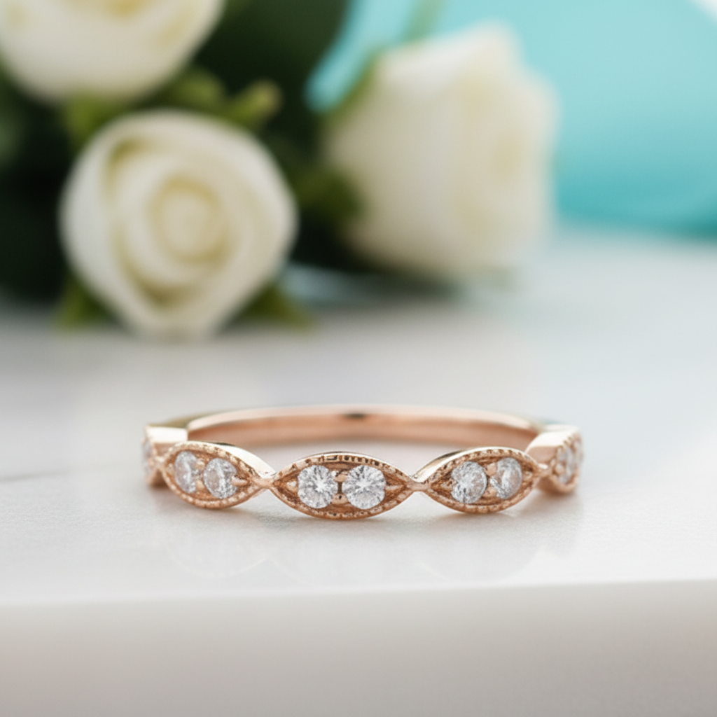Vintage Milgrain Diamond 14k Rose Gold Wedding Band-Evani Jewelry
