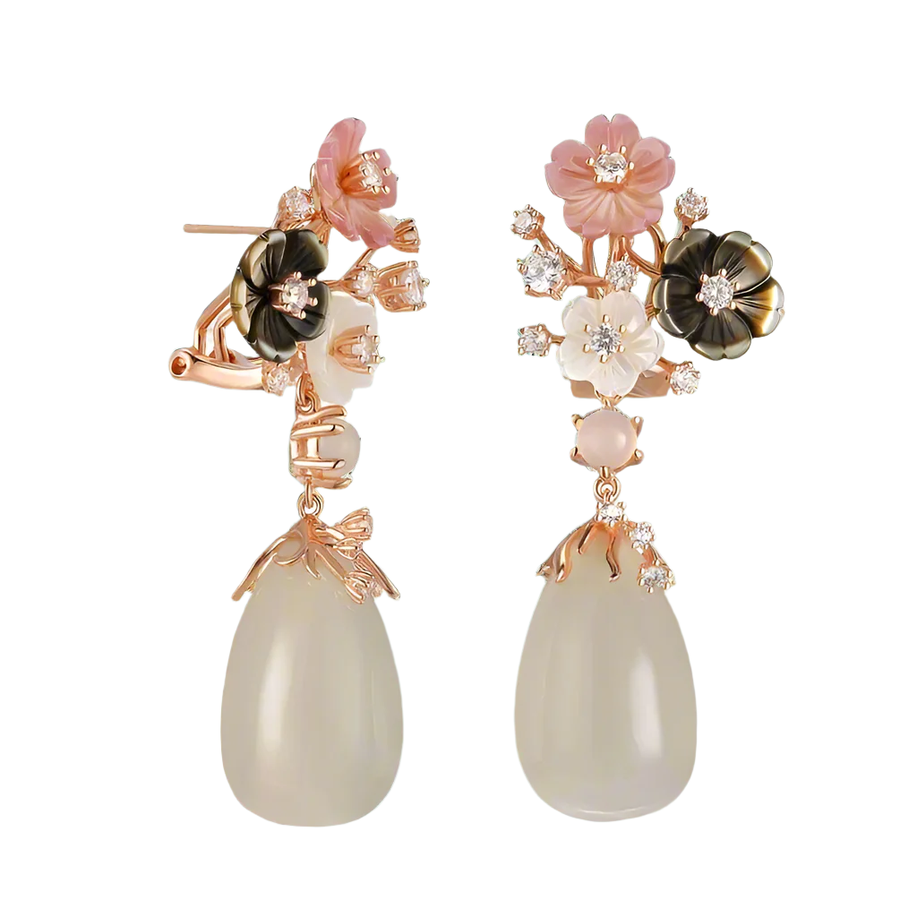 Vintage Sakura Flowers with Chalcedony Earrings-Evani Naomi Jewelry