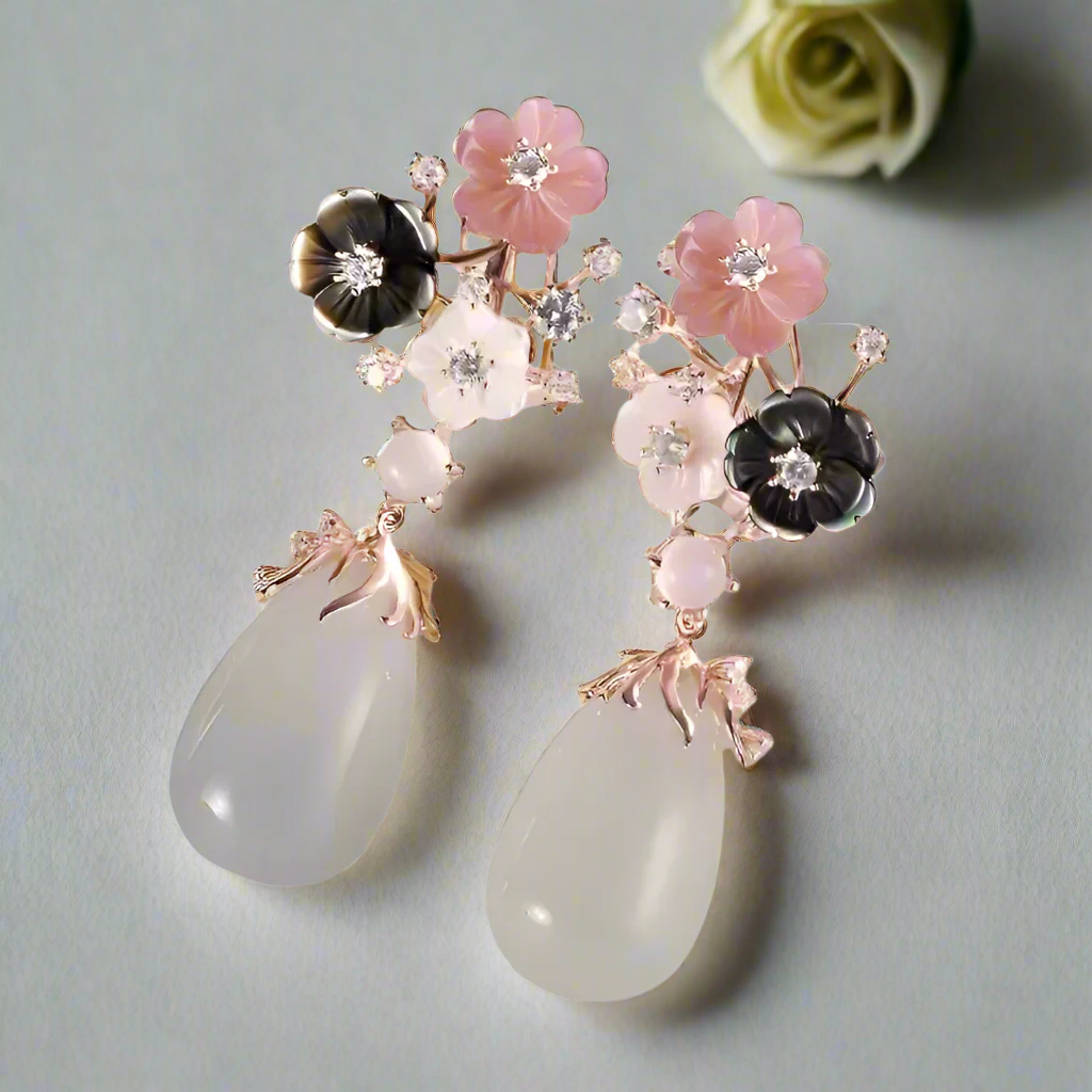 Vintage Sakura Flowers with Chalcedony Earrings-Evani Naomi Jewelry