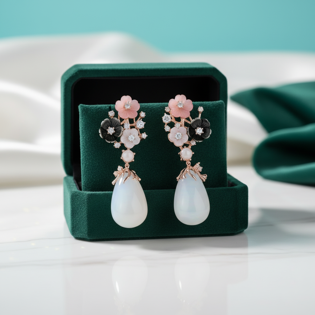 Vintage Sakura Flowers with Chalcedony Earrings - Evani Naomi Jewelry