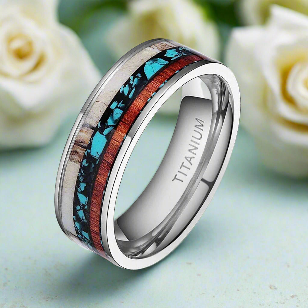 Vintage Unisex Titanium Wedding Band with Deer Antler & Wood Inlay-Evani Naomi Jewelry