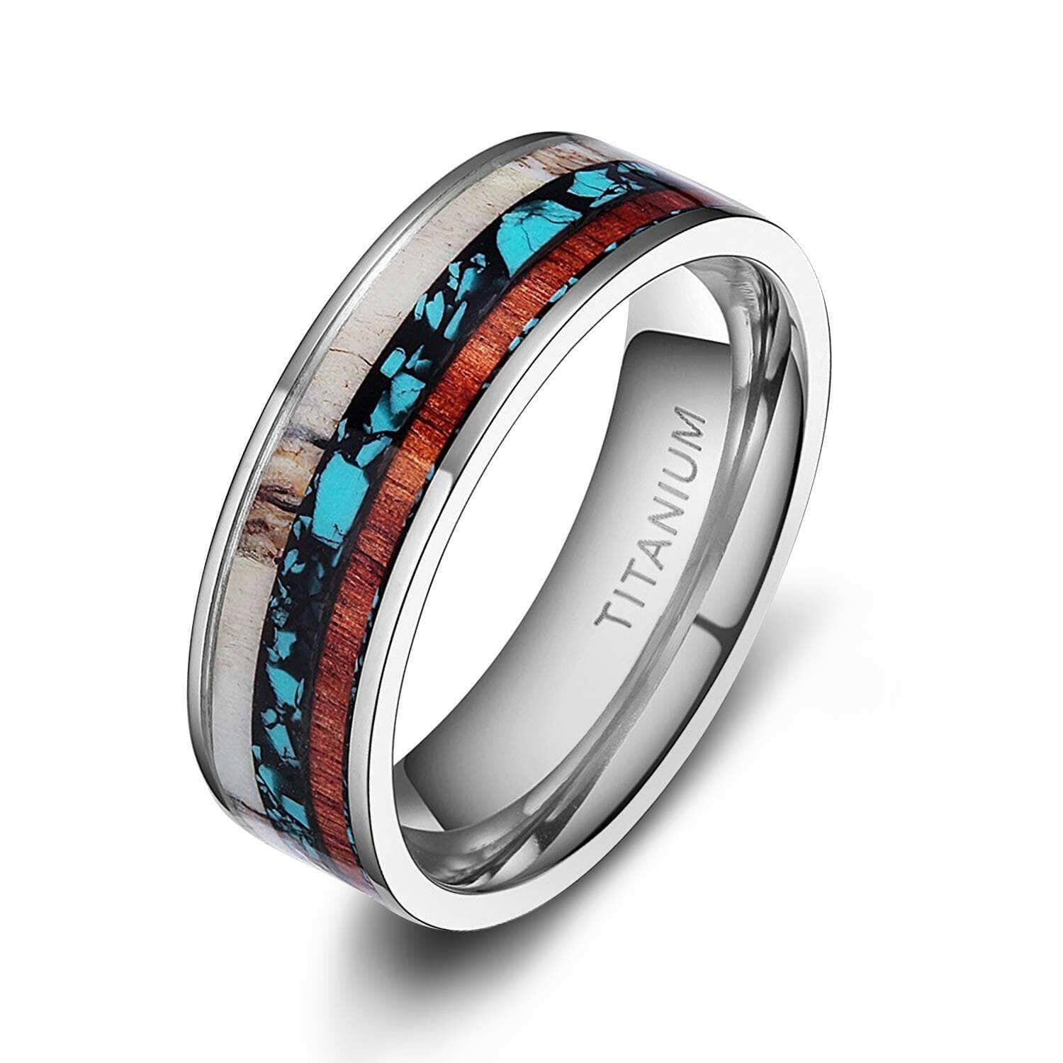Vintage Unisex Titanium Wedding Band with Deer Antler & Wood Inlay-Evani Naomi Jewelry