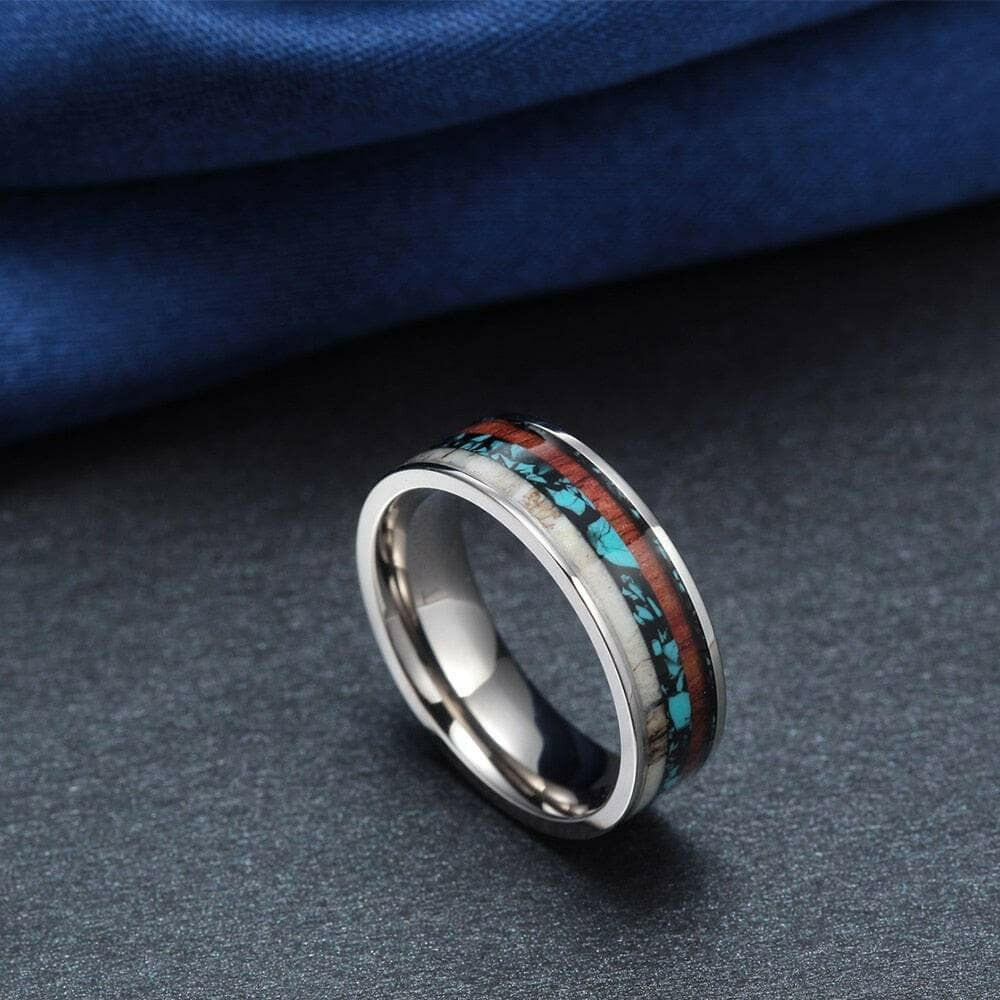 Vintage Unisex Titanium Wedding Band with Deer Antler & Wood Inlay-Evani Naomi Jewelry
