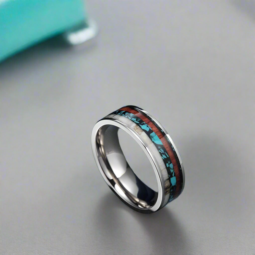 Vintage Unisex Titanium Wedding Band with Deer Antler & Wood Inlay-Evani Naomi Jewelry