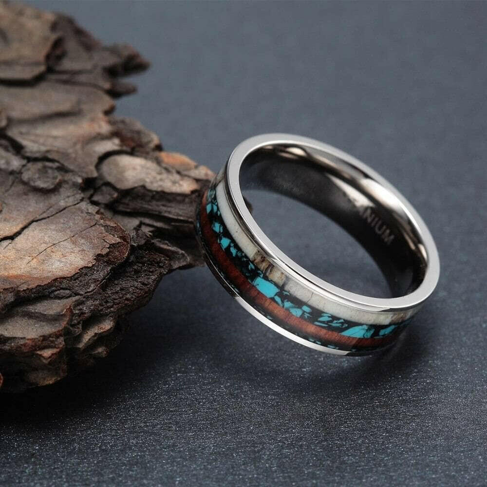 Vintage Unisex Titanium Wedding Band with Deer Antler & Wood Inlay-Evani Naomi Jewelry