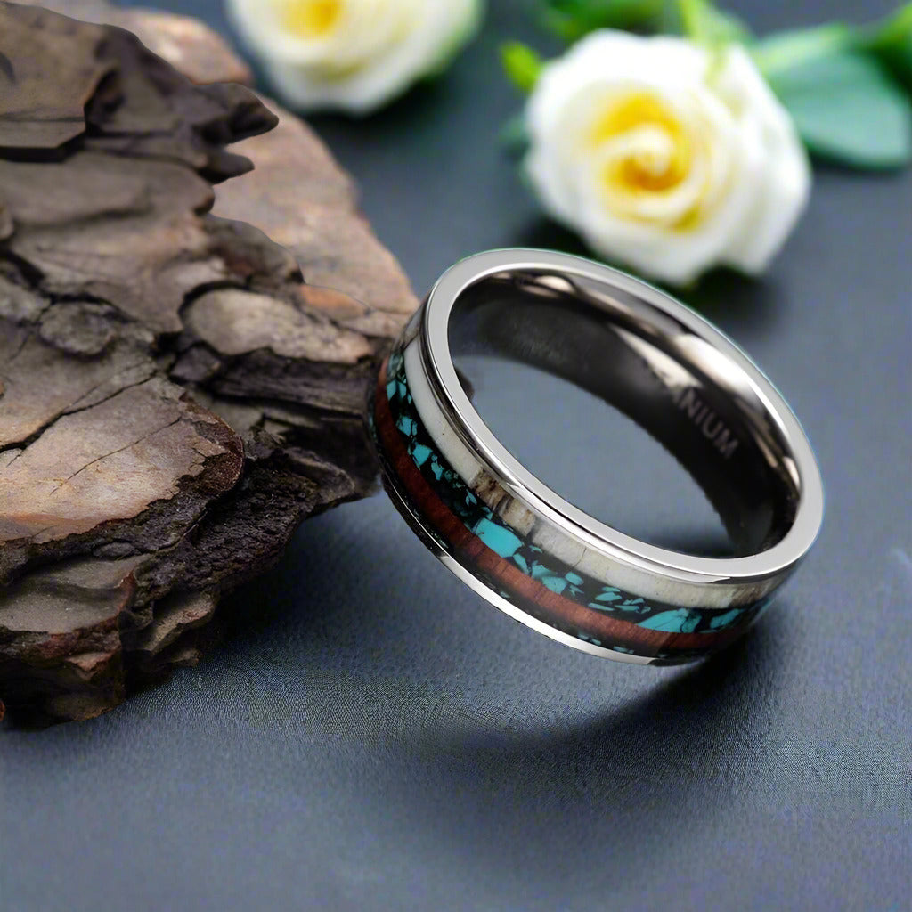 Vintage Unisex Titanium Wedding Band with Deer Antler & Wood Inlay-Evani Naomi Jewelry
