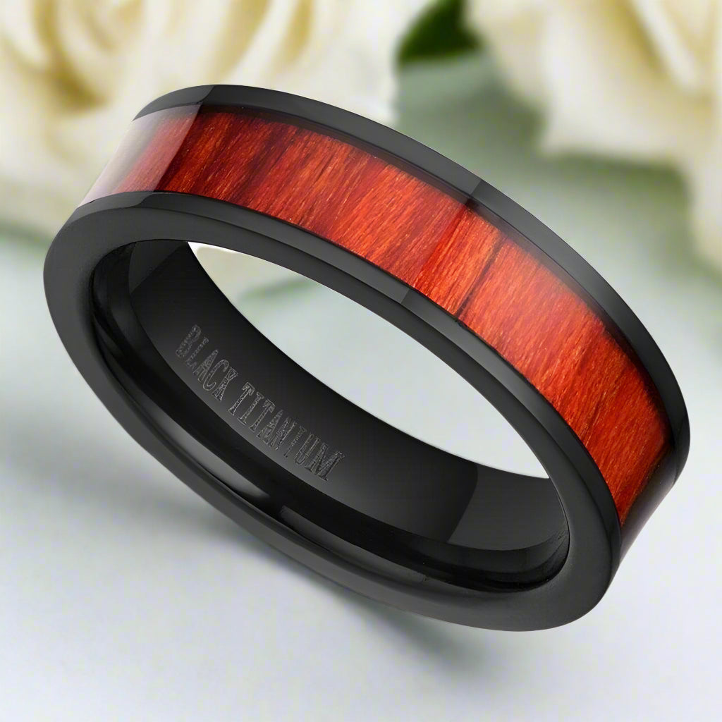 Vintage Unisex Titanium Wedding Band with Wood inlay-Evani Naomi Jewelry