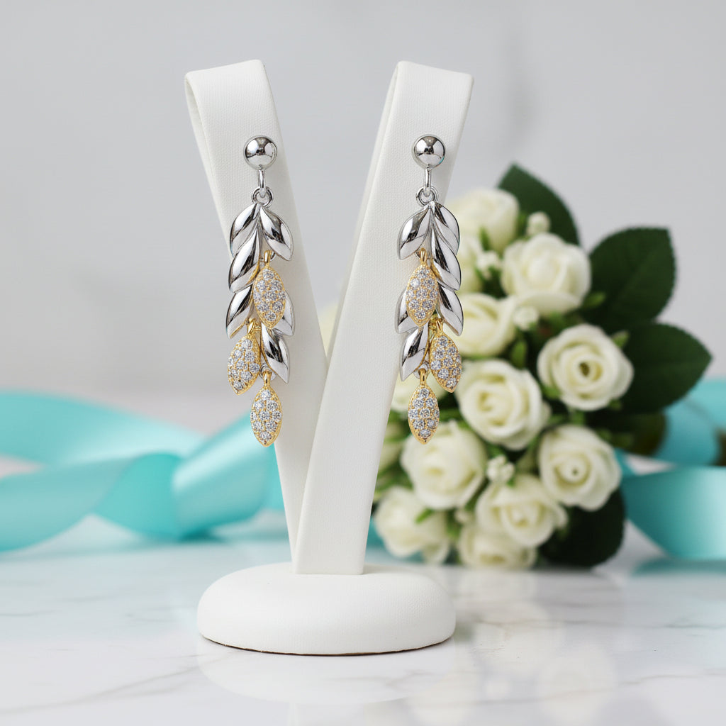 Wheat Leaves Diamond Drop Earrings-Evani Jewelry